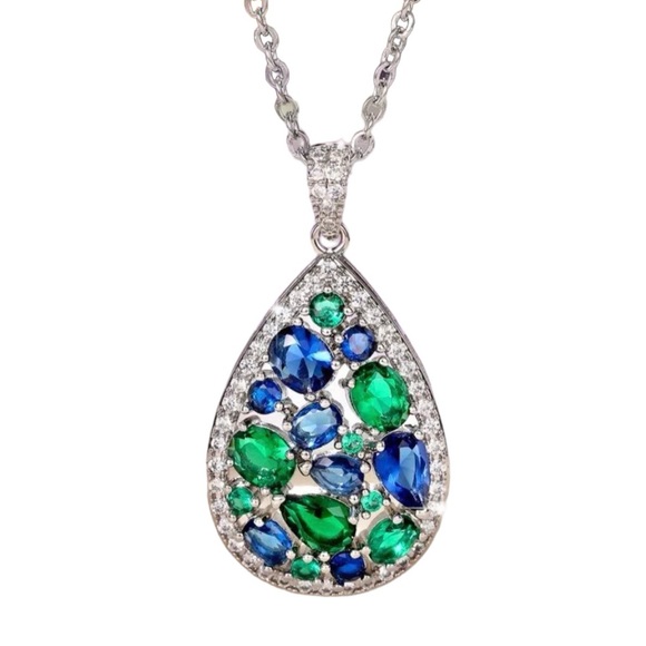 Blue & Green Crystal Teardrop Necklace - Picture 1 of 10